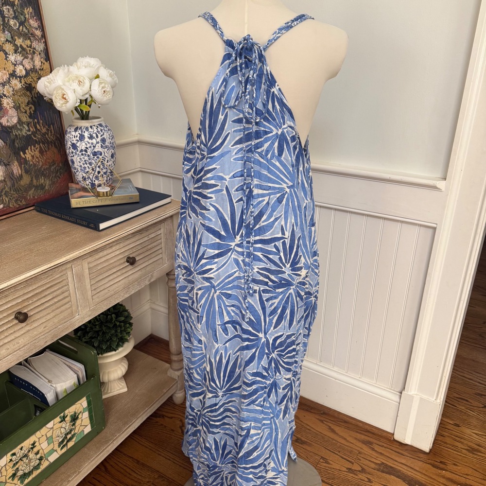 Sigrid Olsen Linen Blend Maxi Dress Blue White Tropical Palm Print Medium NWT - Picture 3 of 6